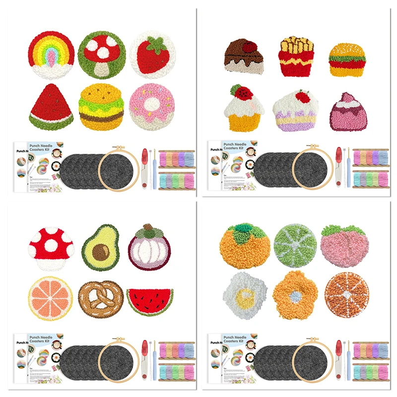 

6 Pcs Food Scenery Punch Needle Coaster Pack Punch Needle Embroidery Kit for Adults DIY Craft Kit Supplies Tufted Coasters