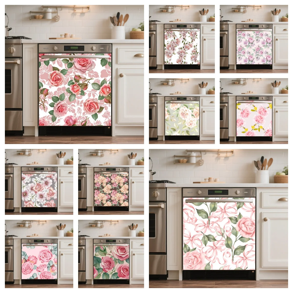 Romantic Floral Appliance Decal Self‑Adhesive Oil‑Proof Watercolor Rose Sticker for Dishwasher Washing Machine Door Decoration