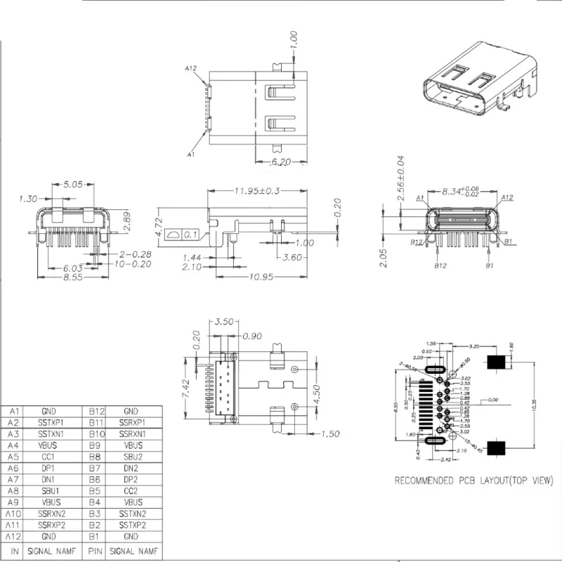 Type C Connector Extended Shell Female 24PIN Board with Front and Rear 11.95mm Four Pin Plug Board USB Connector