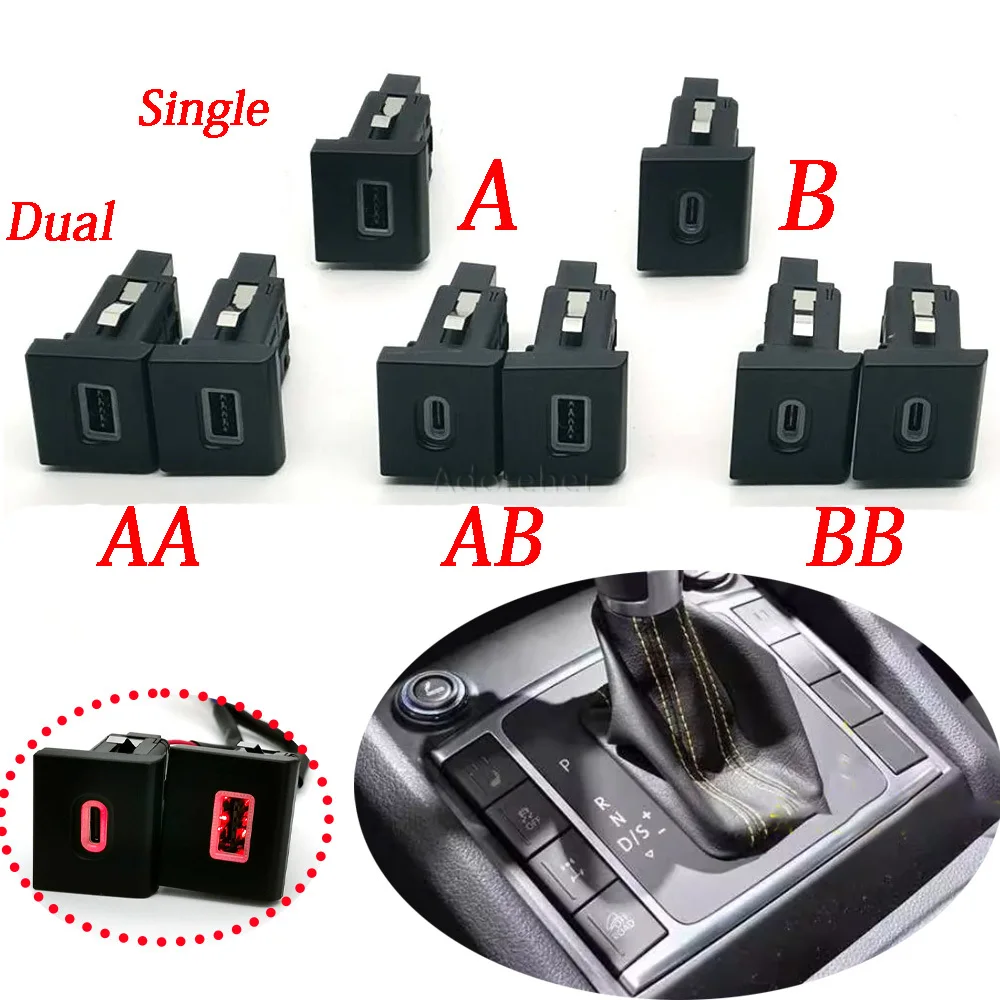 1PC Red LED Car Quick Charger Single/Dual Type-C PD QC3.0 USB Outlet Power Adapter Modified Charging Socket for VW Amarok 11-18