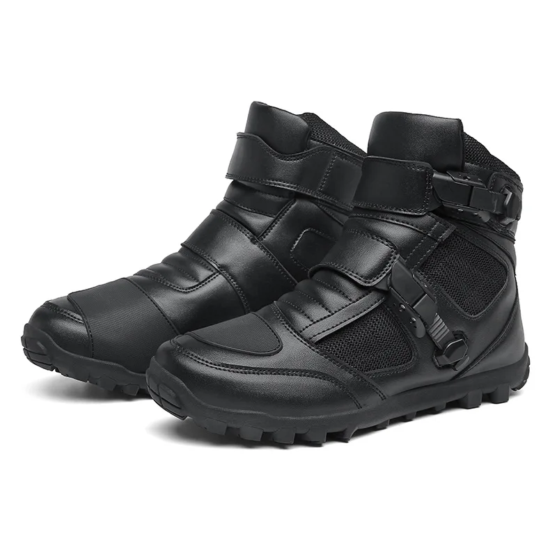 Black Leather Motorcycle Shoes Men Women Motocross Boots Summer Breathable Light Adventure Biker Boot for Urban Riding Racing