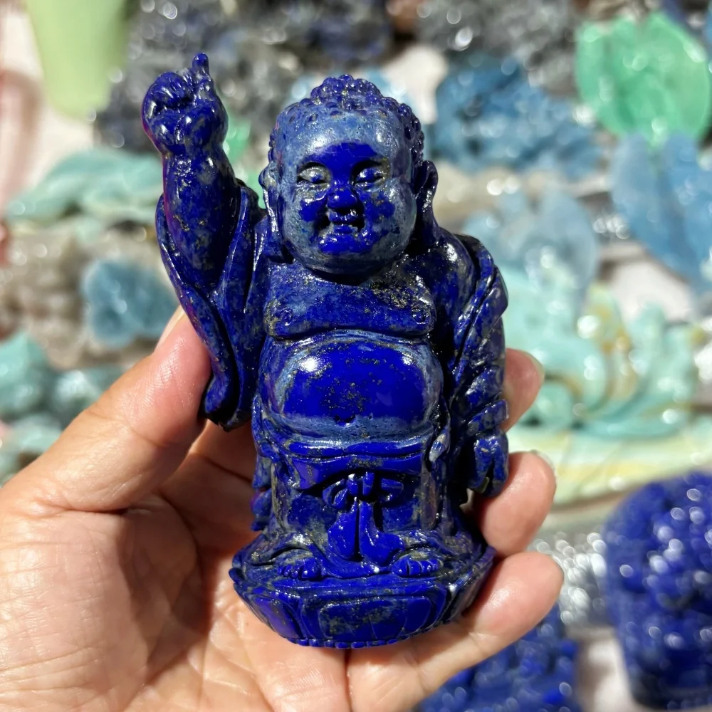 Natural Lapis Lazuli Laughing Buddha Carving, Hand Carved Crystal Maitreya Figurine, Happy Buddha Statue, Home Decor