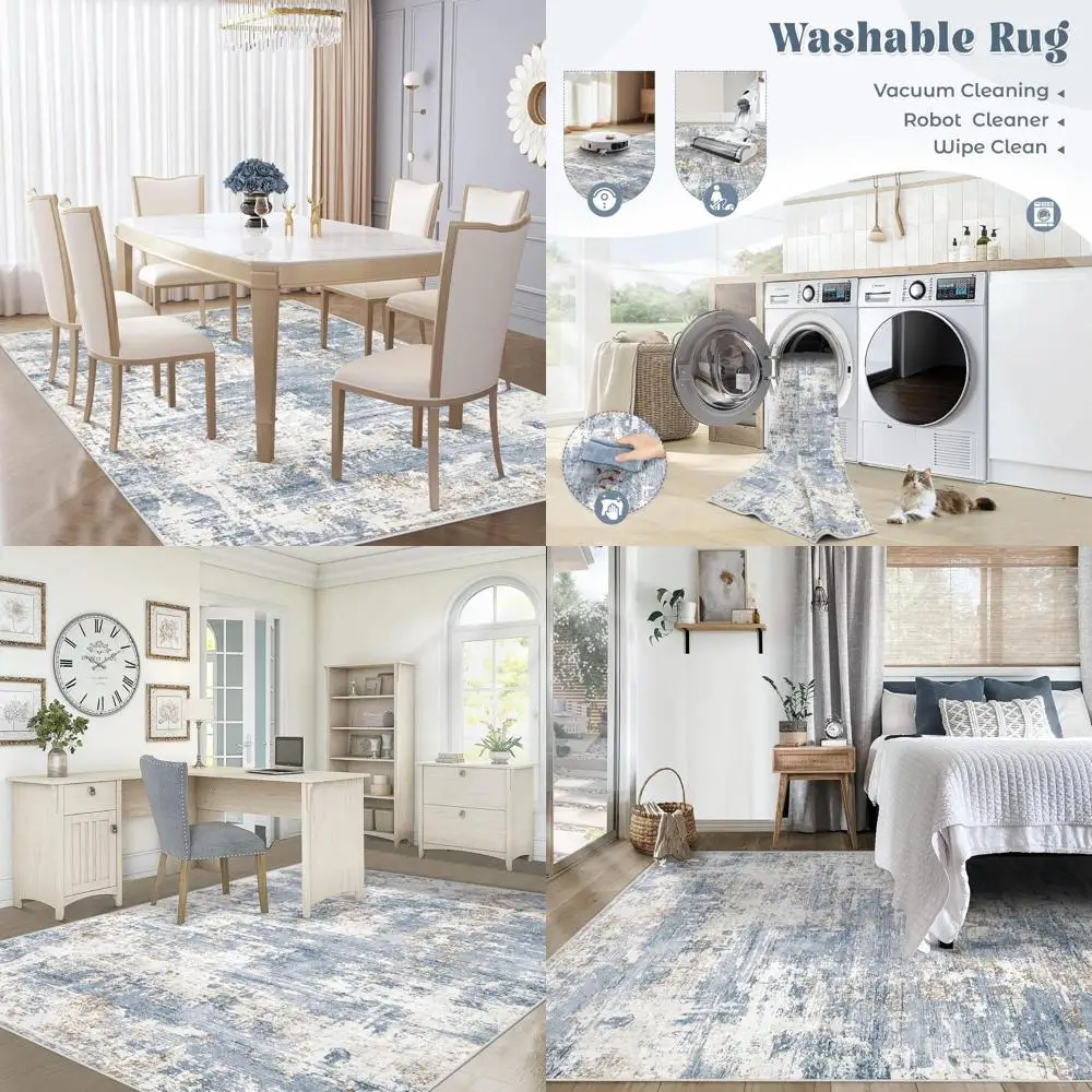 

Ковер 5x7 (152x183 см) с абстрактным рисунком, моющийся, устойчивый к пятнам, нейтральный, для гостиной, детской и домашнего офиса (синий)
