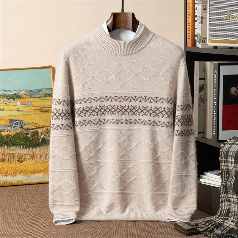 

Seven-Needle Double-Ply Thickened Men's 100% Pure Cashmere Half-Turtle Neck Jacquard Knitted Base Shirt Casual Pullover