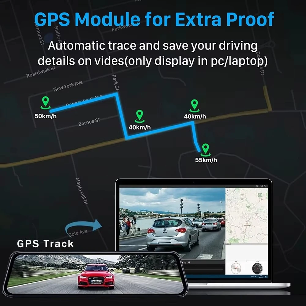 10 بوصة تعمل باللمس كاميرا مرآة السيارة 4k واي فاي نظام تحديد المواقع داش كام دوبل كامارا مرآة جهاز تسجيل فيديو رقمي للسيارات عدسة مزدوجة الجبهة والخلفية 4k داشكام