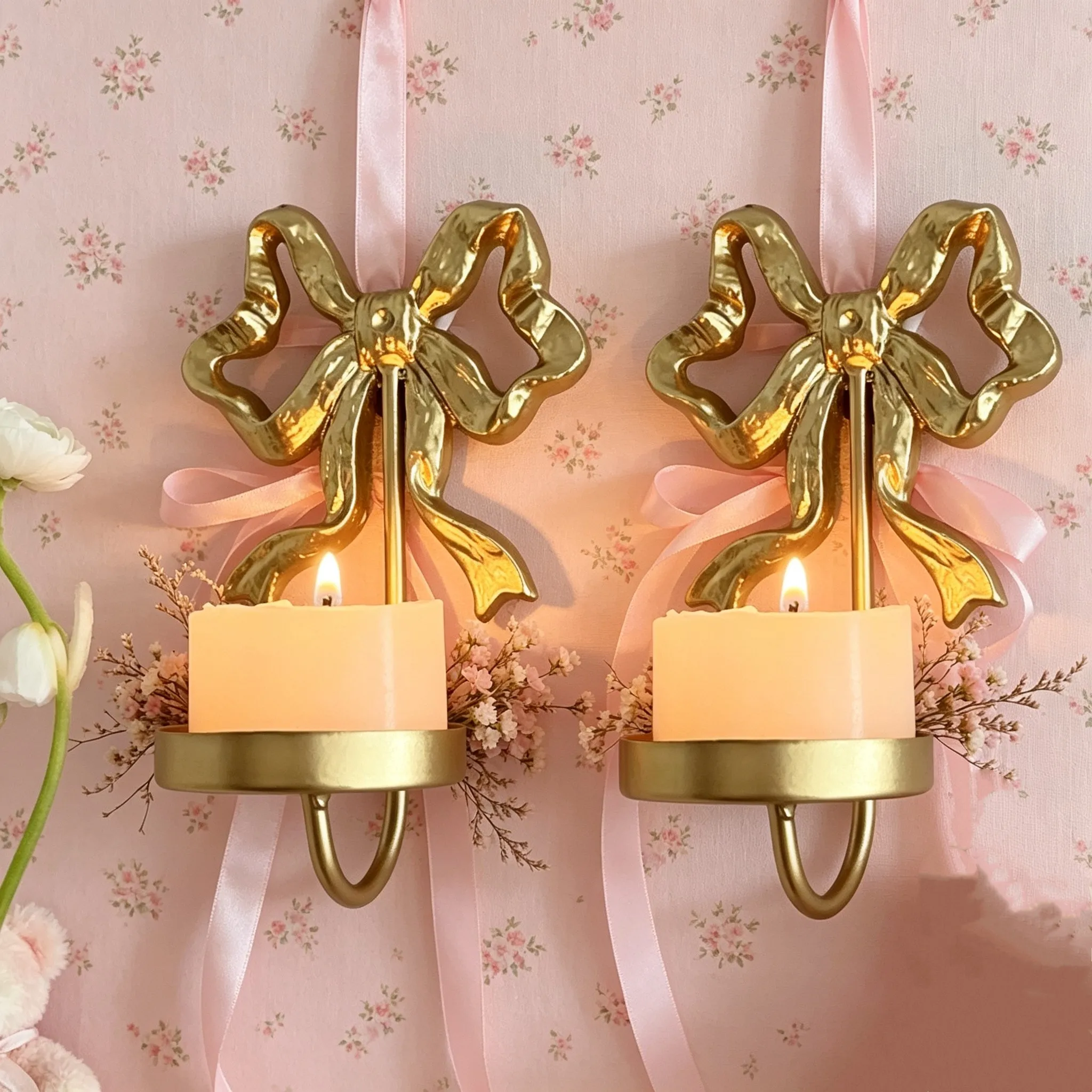 European Retro Gold Carved Candle Holder French Bow Gold Livingroom Metal Candle Holder Wall Hanging Home Decoration Wall Decor