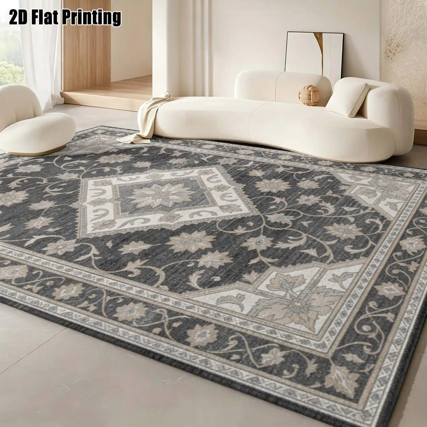 1Pc 2D Printed Carpet: Gray-Toned Floral & Geometric Patterns, Vintage/European/Nordic Style, Machine Washable, Multiple Sizes, Ideal for Living Room, Bedroom, Dining Room, Entryway, Study Home Decor