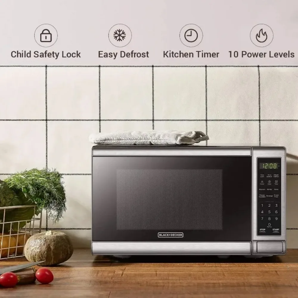 HAOYUNMA Oven Microwave Digital, pintu tekan dengan meja putar, kunci pengaman anak, 700W, baja tahan karat, Cu.ft 0.7