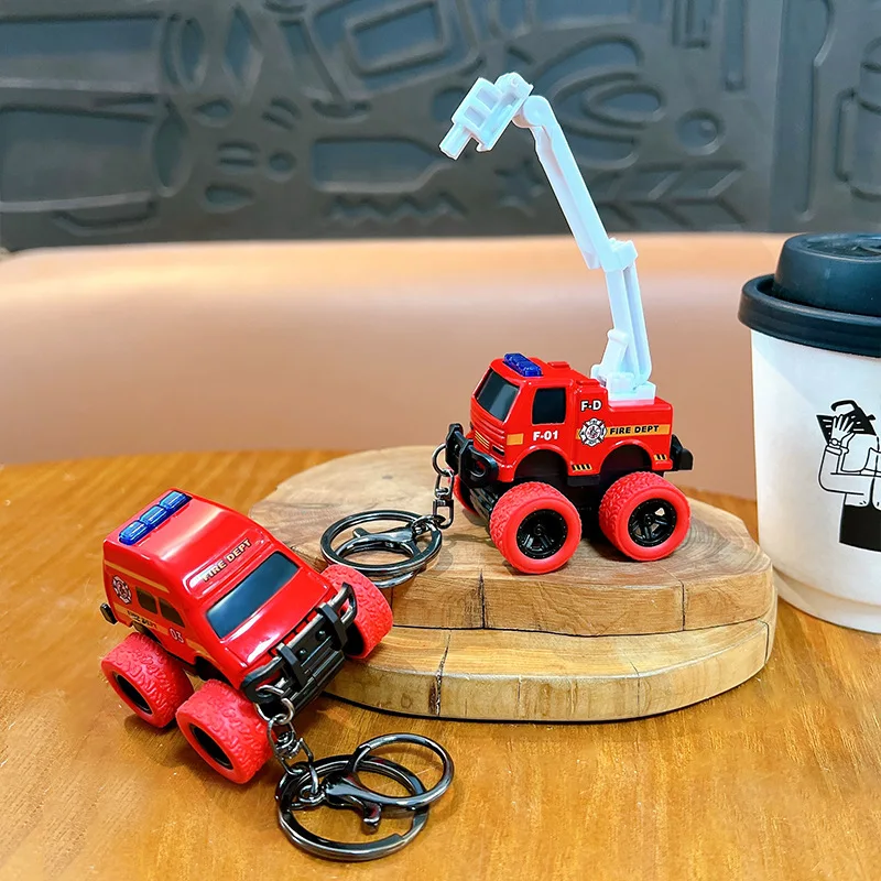 Creative Alloy Rebound Fire Engine Keychain Cartoon Funny Pull-back Fire Truck Key Chain Student Schoolbag Pendant Keyfob
