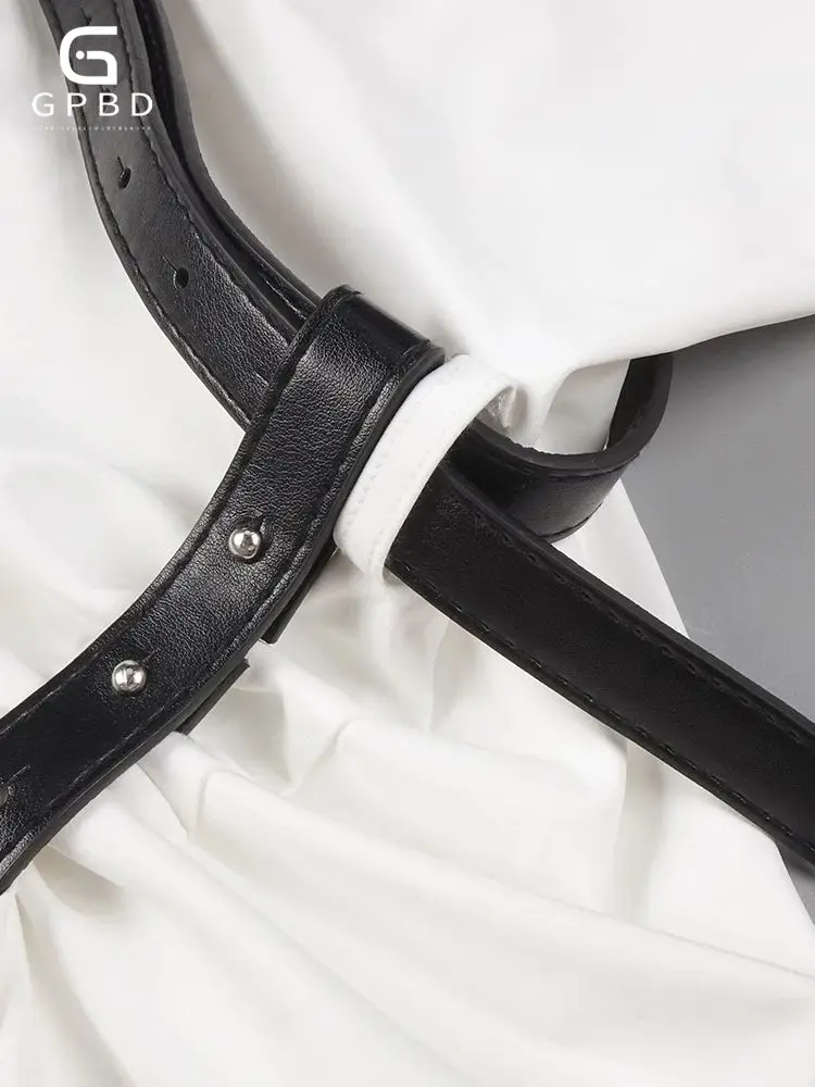 2025 جديد الأبيض الياقة المدورة كم طويل انقسام حزام الخصر تصميم مطاطا التخسيس فستان طويل ملابس عصرية نسائية #5