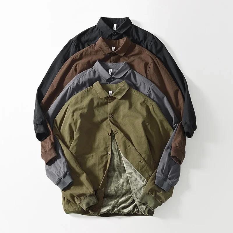 الشتاء قمصان رجالي اليومية عارضة الدافئة قمم الذكور التلبيب الأسود الصوف قميص بسيط Overshirt اليابانية خمر قميص رشاقته الملابس #2