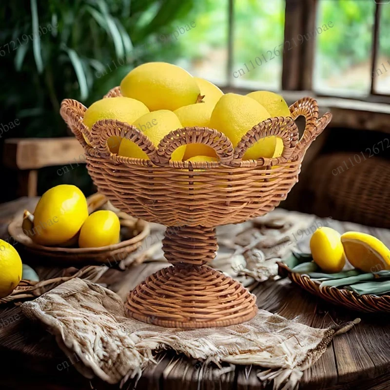 Rattan Pedestal Fruit Bowl, High End Home Decor Serving Basket, Candy Snack Tray for Living Room Kitchen Counter Display