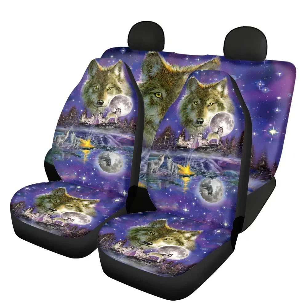 Car Accesorios Galaxy 3D Wolf with Moon Front/Back Car Seats Cover Full Set Vehicle Seat Protector Auto Front Rear Seat Covers