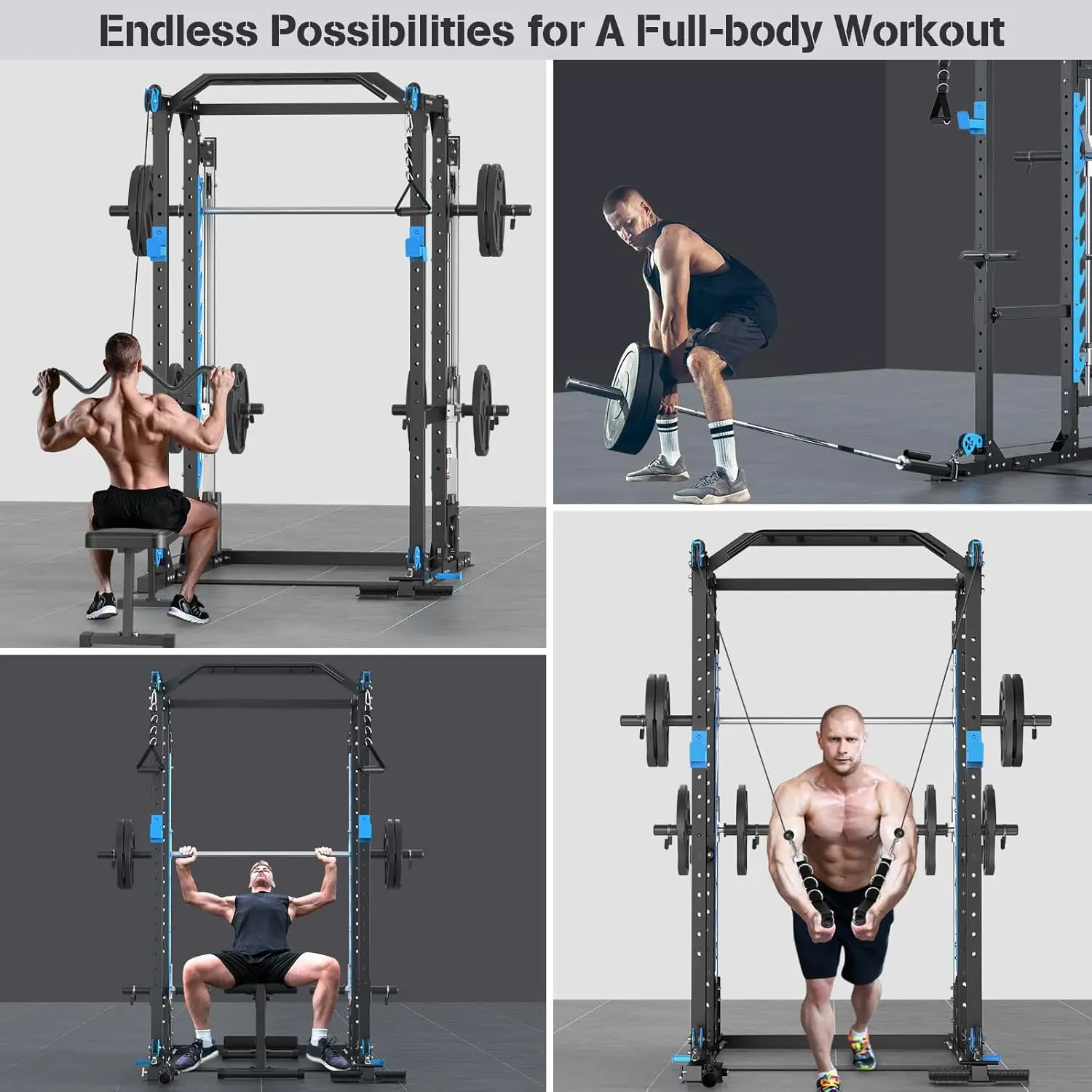 

Multifunctional Power Cage Rack with Cable Crossover/Smith Machine System, LAT-Pull Down System