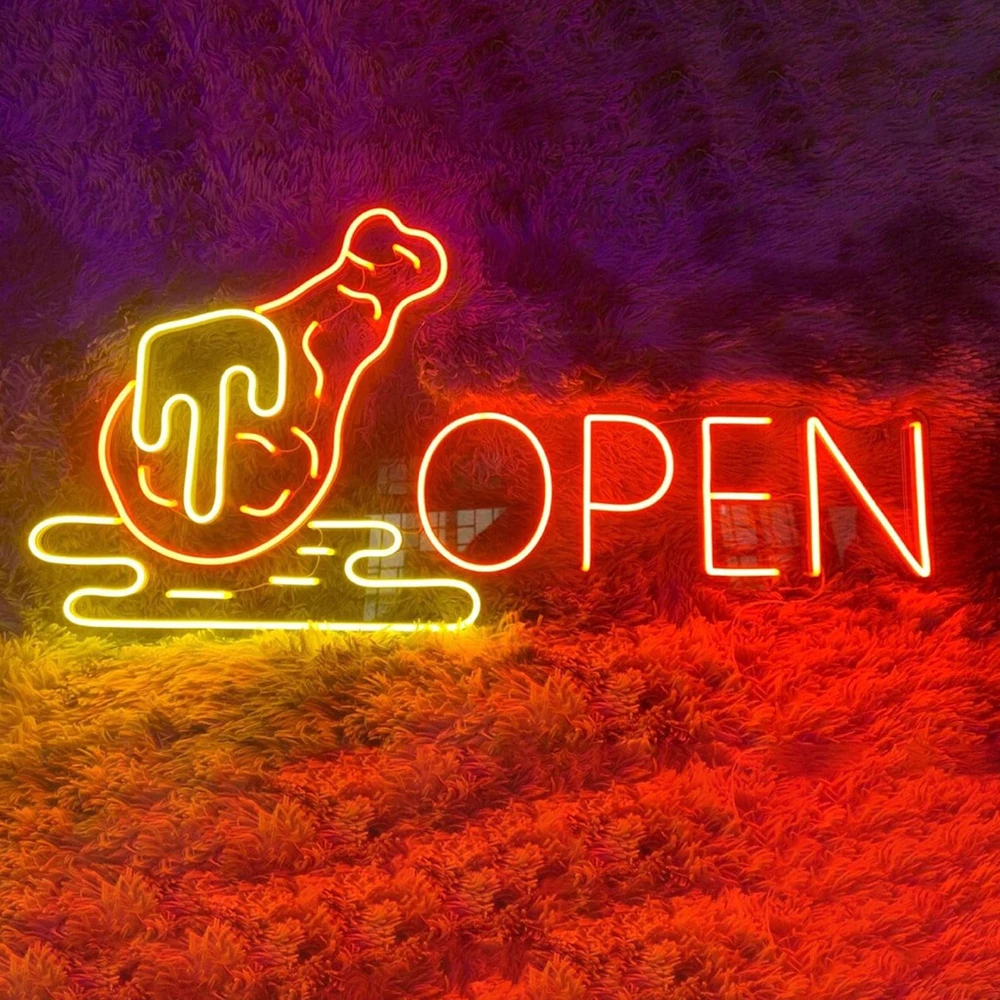 Open Chicken Neon Sign Chicken Restaurant Wall Decor Art Open Business Sign Fast Food Truck LED Light Chicken Wings Neon Light