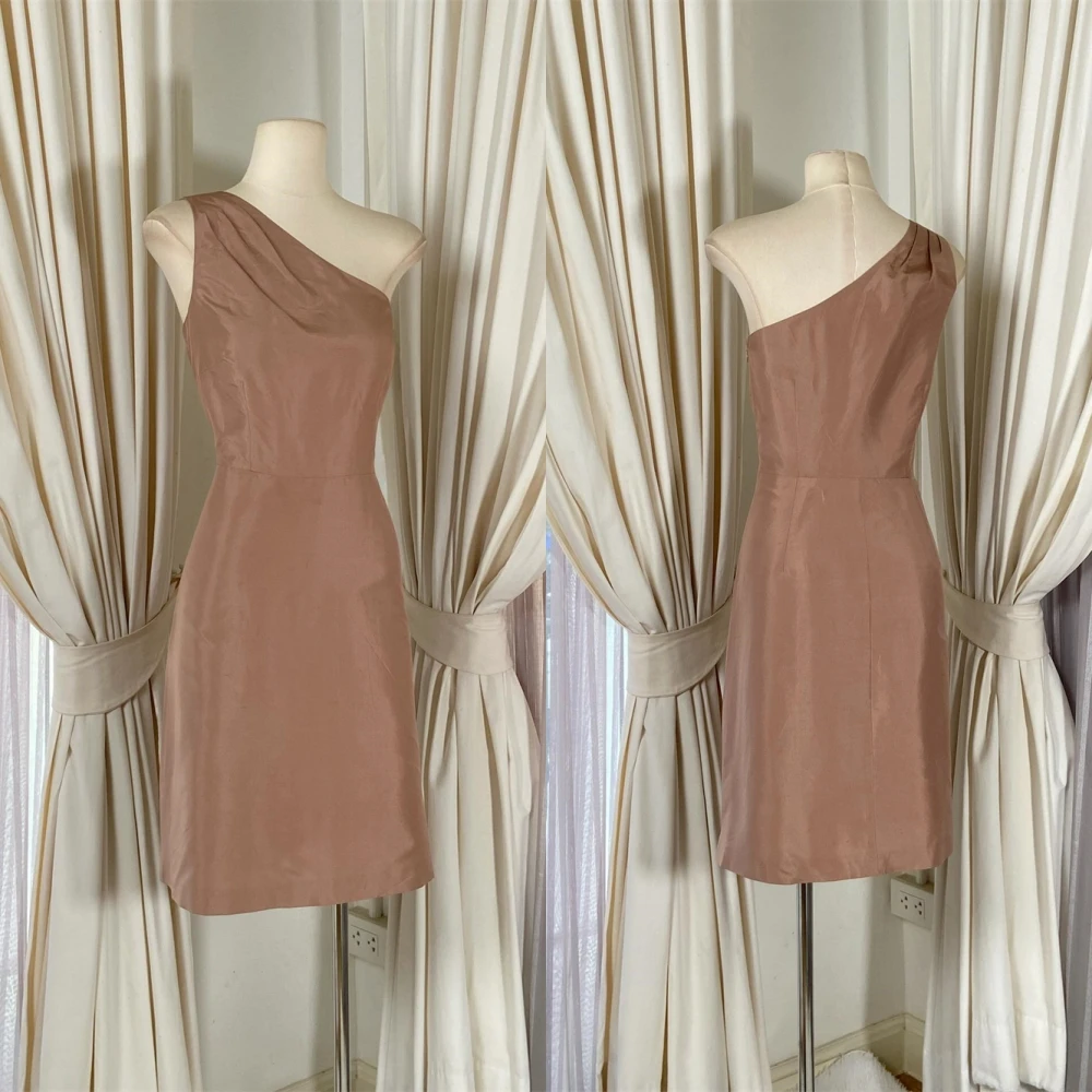 

Customized Delicate brownness Satin Evening Dress Classic Boat Neck One Shoulder Cocktail Dress Simple Sleeveless Party Dress