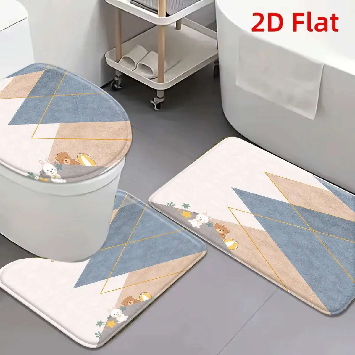 3Pcs Beige Blue Geometric Bunny Bear Bath Mat Non Slip Absorbent Toilet Rug with Lid Cover for Bathroom Washable Flannel