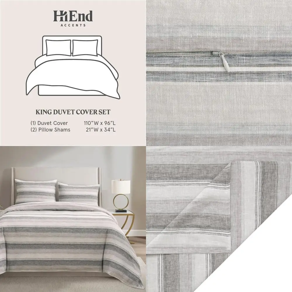 

Charcoal Stripe 100% Linen Duvet Cover Set - King Size Cooling Bedding with 1 Comforter Cover and 2 Shams