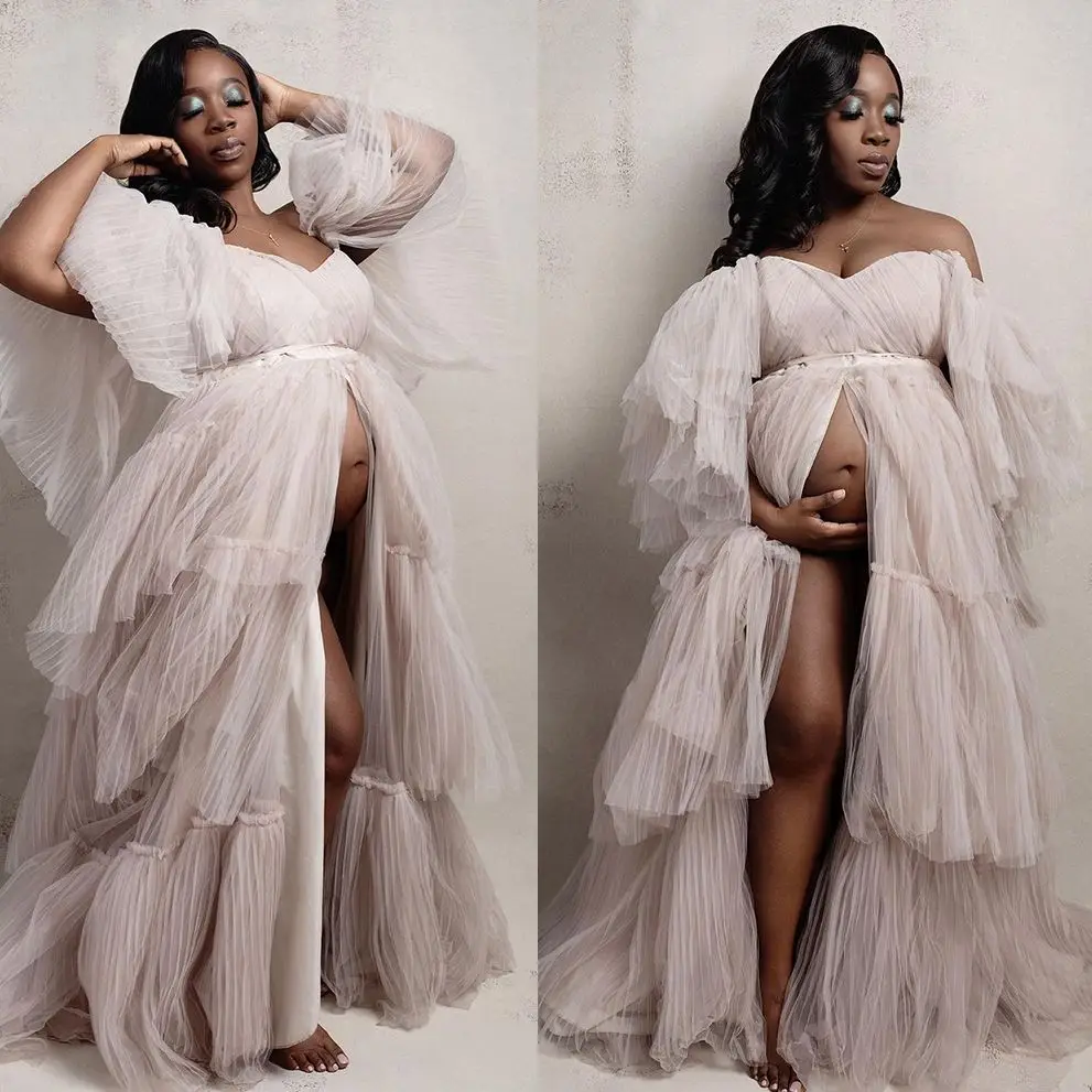 

Sexy Puffy Tulle Maternity Dress For Photography Ruffle Robe Photo Shoot Dresses Women Prop Gown Custom Made