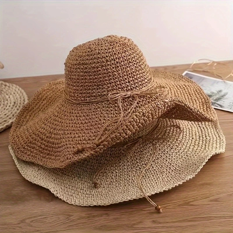 Large lace bow straw hat summer beach sun shade neutral breathable adjustable ladies summer fashion sun hat