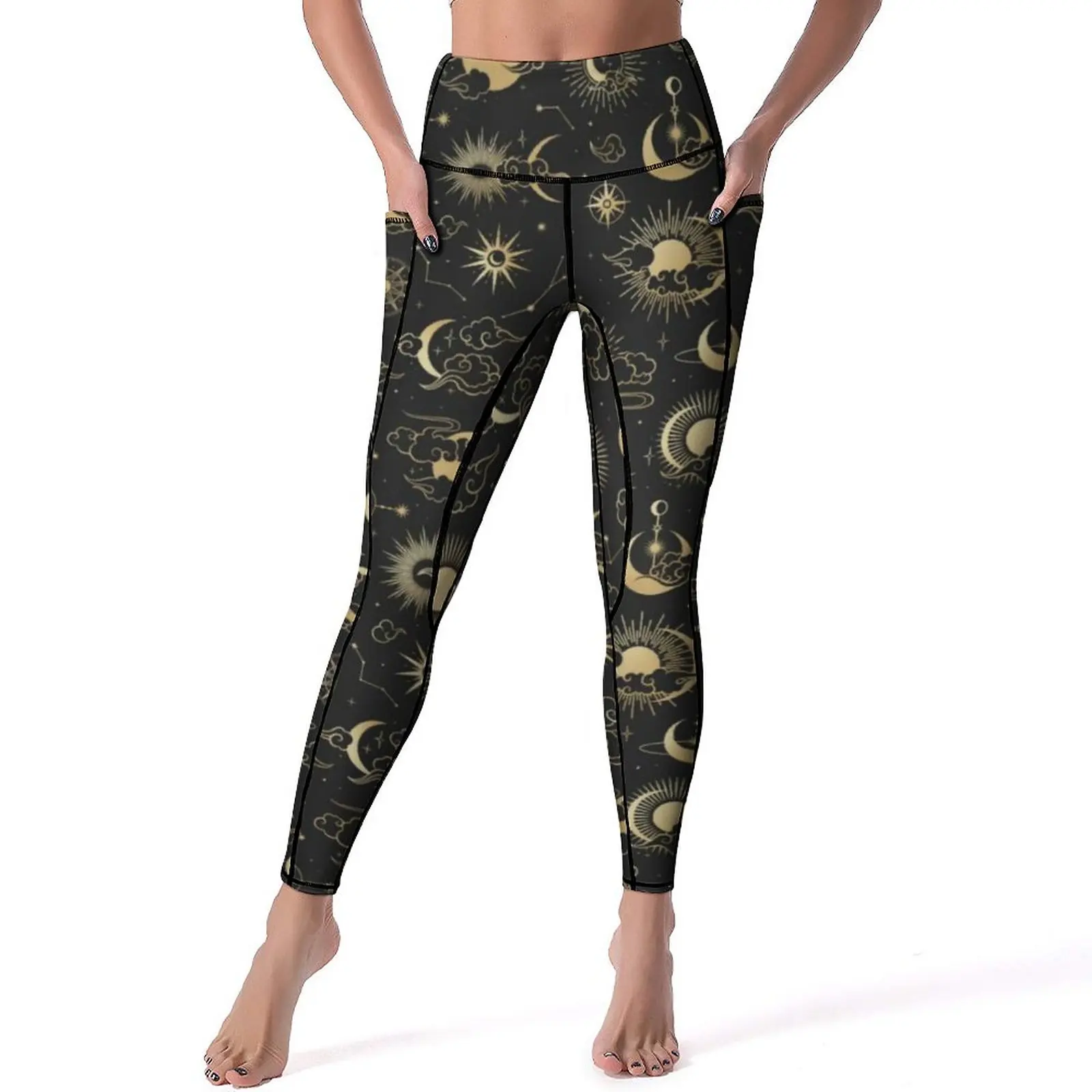 Black And Gold Moon Leggings Star Sun Astrology Art Workout Yoga Pants High Waist Sweet Leggins Quick-Dry Pattern Gift