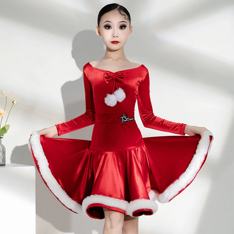 Red Kids Girls Latin Dance Competition Velvet Long Sleeve Performance Dress Adult Bodysuit Skirts Professional Christmas Costume