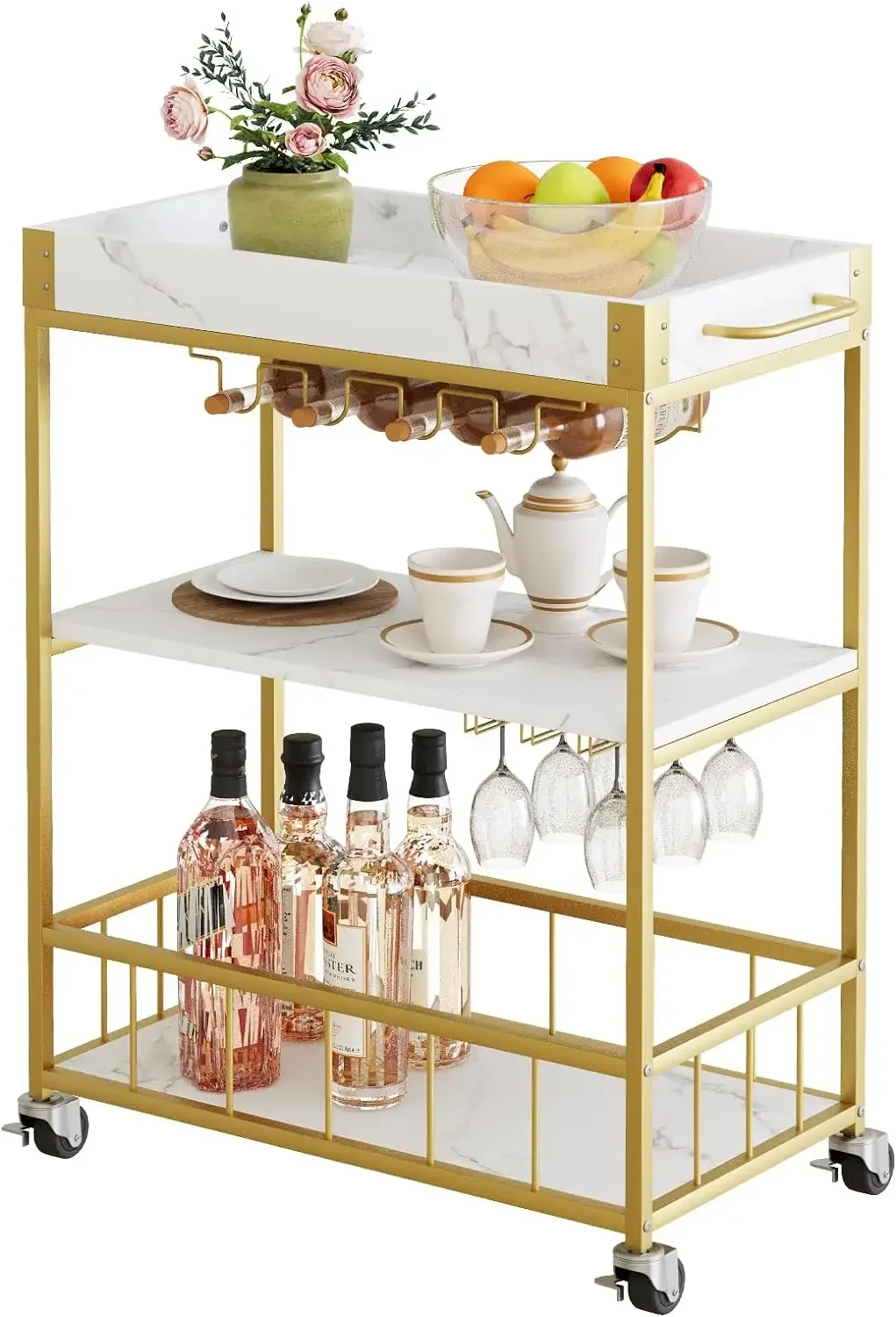 

Bar Cart Gold,Bar Carts for The Home Mobile Bar Serving Cart, Drink Cart, Rolling Beverage Cart, Microwave Cart