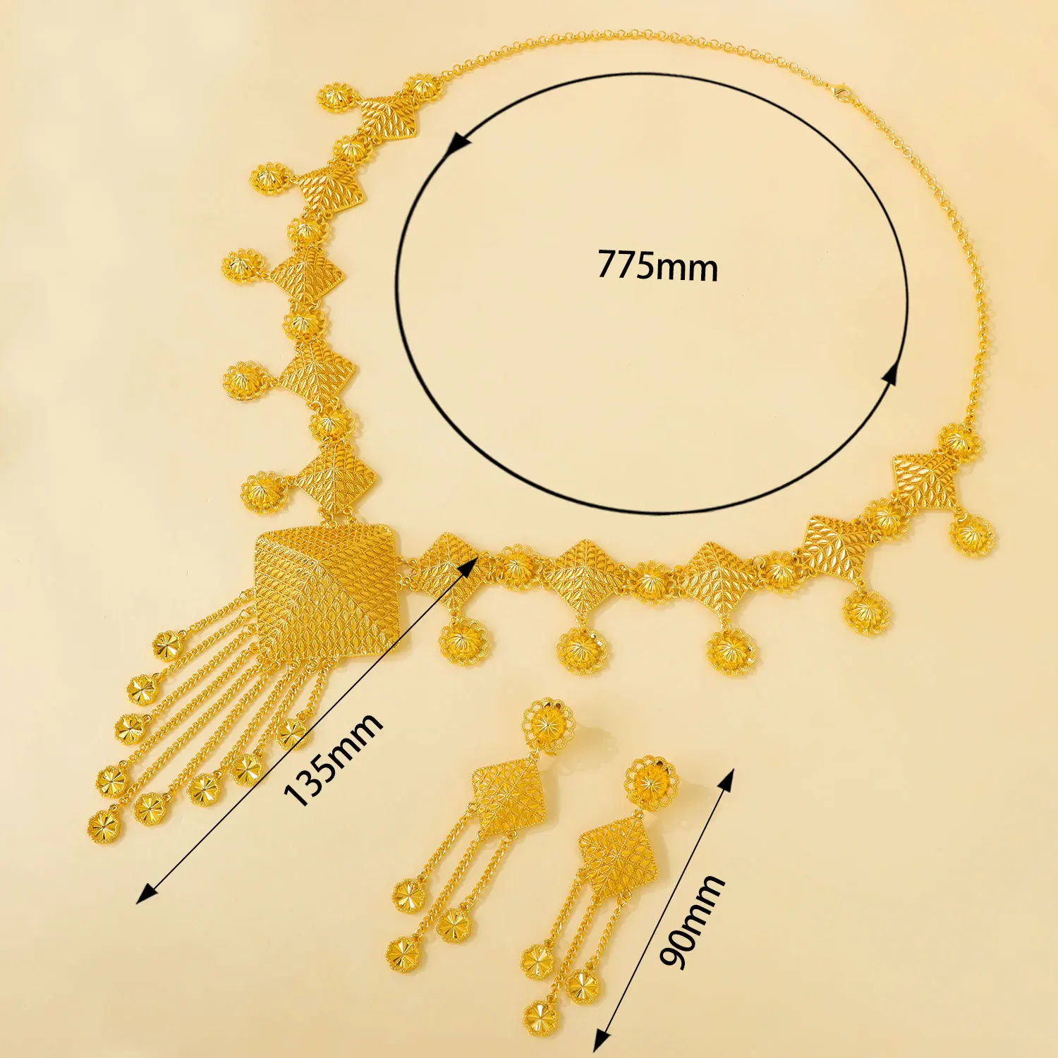 Luxuriöses Dubai Brautschmuck-Set Nigeria Goldfarben Lange Halskette Ohrringe Äthiopischer Damenschmuck für Bankette und Partys – Detail 6