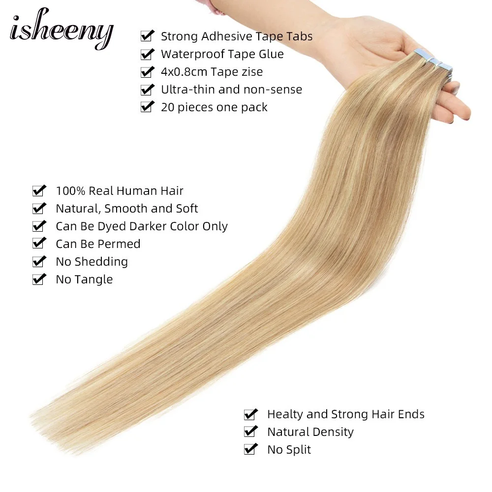 Isheeny-Mini cinta de extensiones de cabello, cabello humano Remy europeo, 14 y 18 pulgadas, 10 Uds.