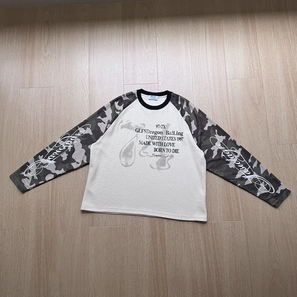 Contrast Color Camouflage Waffle-pattern Long-sleeve T-shirts for Men and Women Y2K  Streetwear Crew Neck Loose Autumn Top Tees