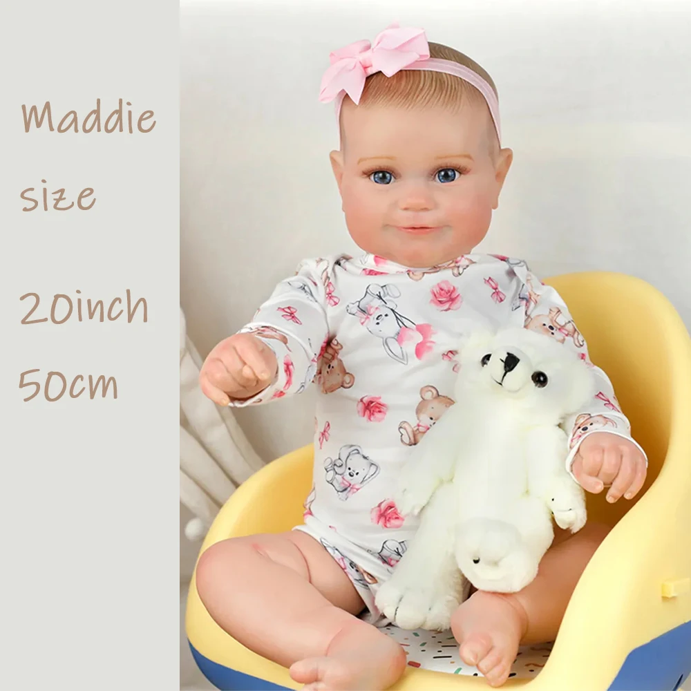 50CM Silicone Reborn Baby Doll Maddie Newborn Girl Baby Lifelike Real Soft Touch with Hand-Draw Hair Toddler Doll for Kids Gifts