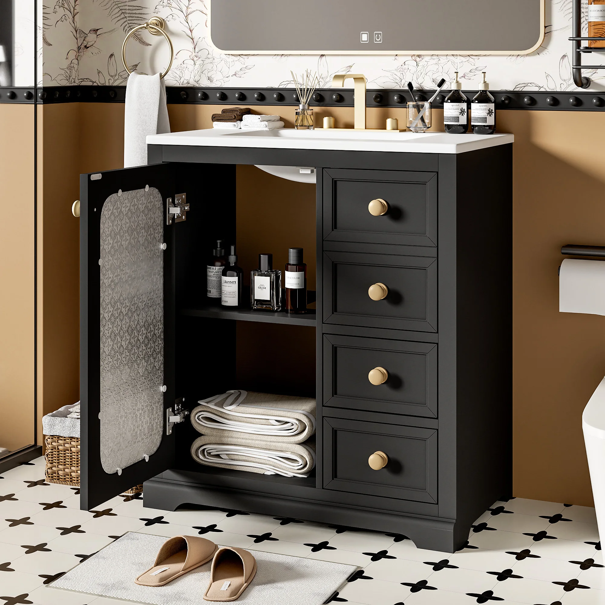 30-inch bathroom vanity with a soft close glass door, adjustable shelves, and three drawers