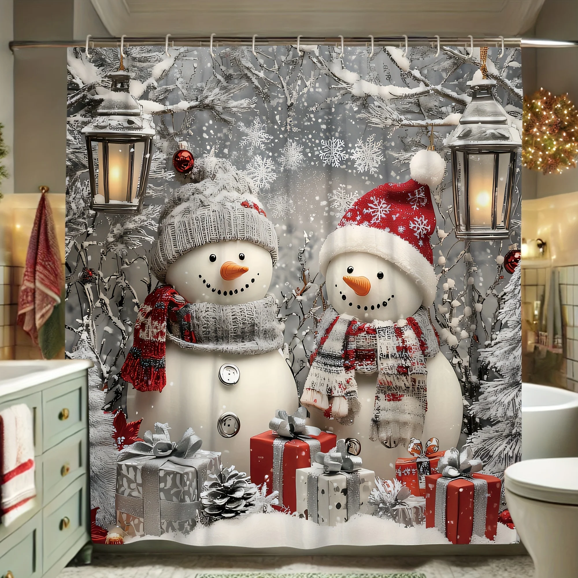 Christmas Winter Decorations Shower Curtain Snowman Snowflake Gift Tree Cute Funny Red Silvery Shower Curtain Washable