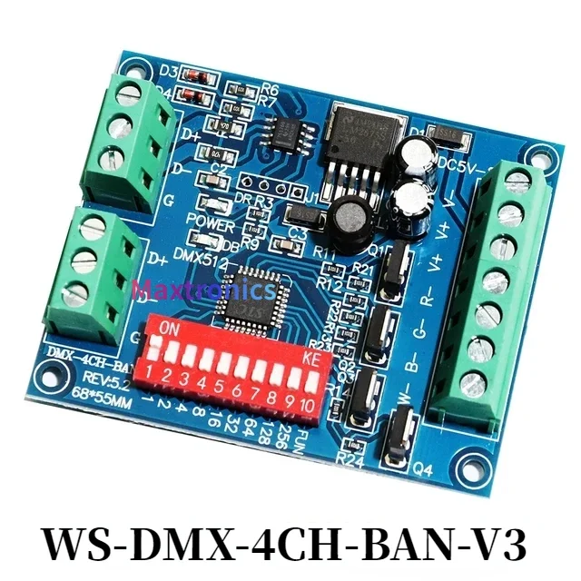 1PCS 4CH DMX512 Decoder Dimmer DC5V-24V Channel RGBW Controller MAX16A WS-DMX-4CH-BAN-V3 for LED Strip Light Tape / Module Lamp