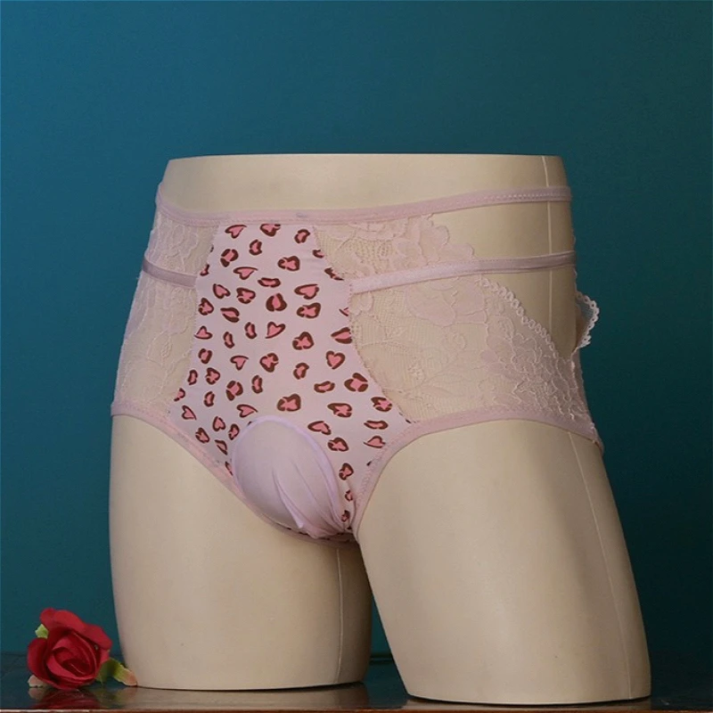 Silky Pouch Briefs Leopard Men's Egg Wrapped JJ Sexy Underwear Men Lingerie Hollow Comfortable Lace Male Sissy Panties Mid Waist