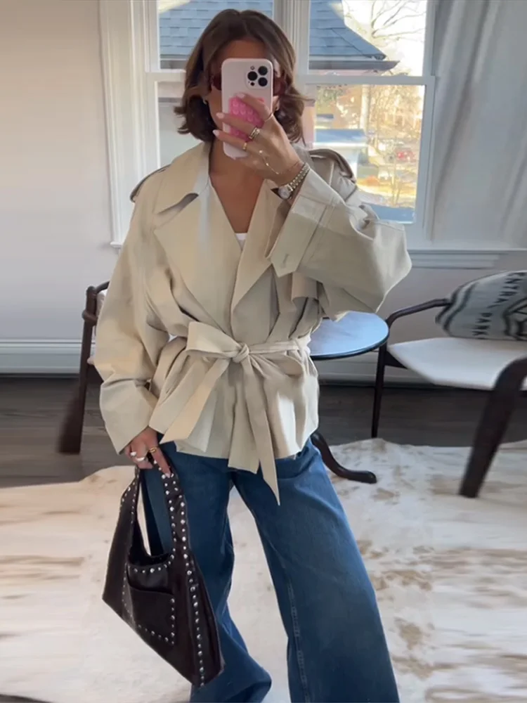 Frühling frauen Abgeschnitten Trenchcoat Spitze Up Apricot Revers Volle Ärmel Lose Dicke Jacken 2025, Mode Dame High Street Outwears