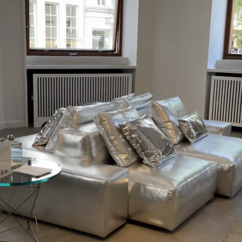 Double-sided seat metal punk silver sci-fi futuristic designer pearlescent leather module island sofa