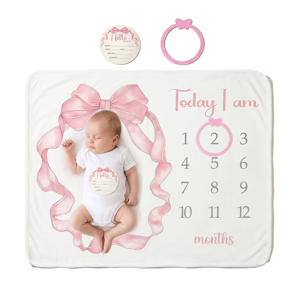 Newborn Photography Outfits Soft Monthly Milestone Blanket Baby Pink Bow Photo Prop Mat Includes Month Marker Ring Hello Birth