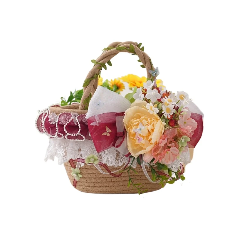 Japanese Original Sweet Lolita Spring Picnic Bag Mori Straw Woven Soft Bag Female Simulated Flower Straw Woven Handbag for Women
