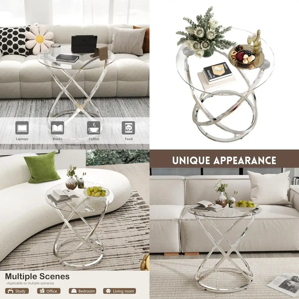

Modern Silver-Framed Glass Coffee Table, Elegant Round Side Table for Living & Office Spaces