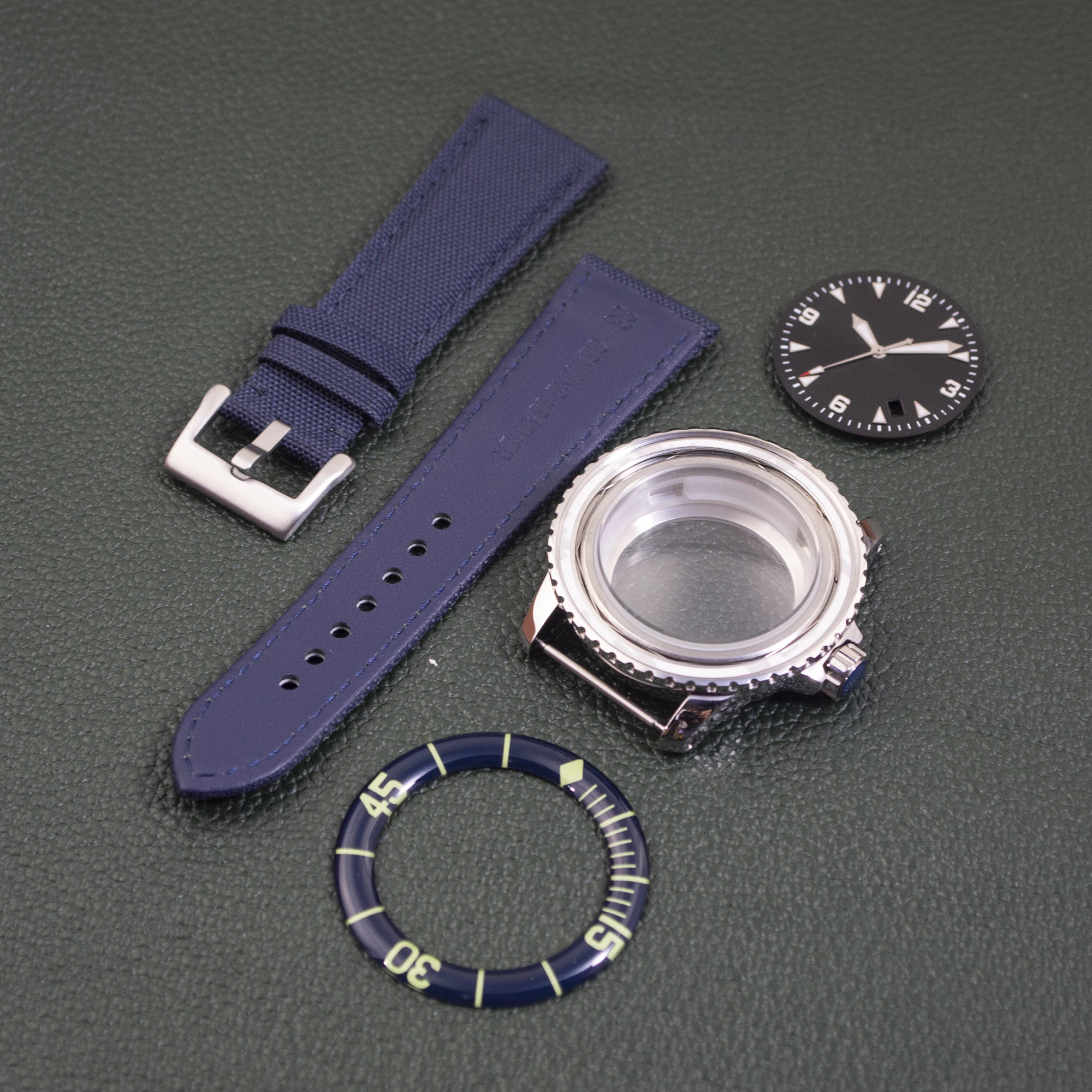 NH35 Case 45mm Stainless Steel Fifty Fathoms Watch Case Leather Strap Dial Hands 100m Waterproof for NH35 NH36 Movement