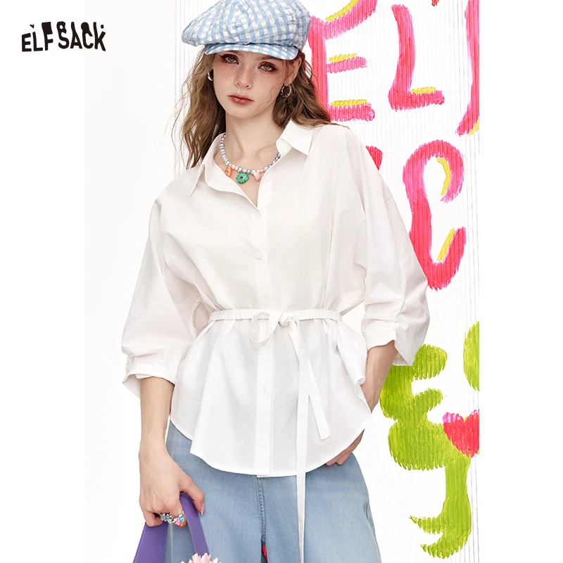 

Женская шикарная рубашка ELFSACK с завязками на талии и рукавами 3/4, французская винтажная блузка для офиса, однотонный хлопковый топ с утягивающим поясом