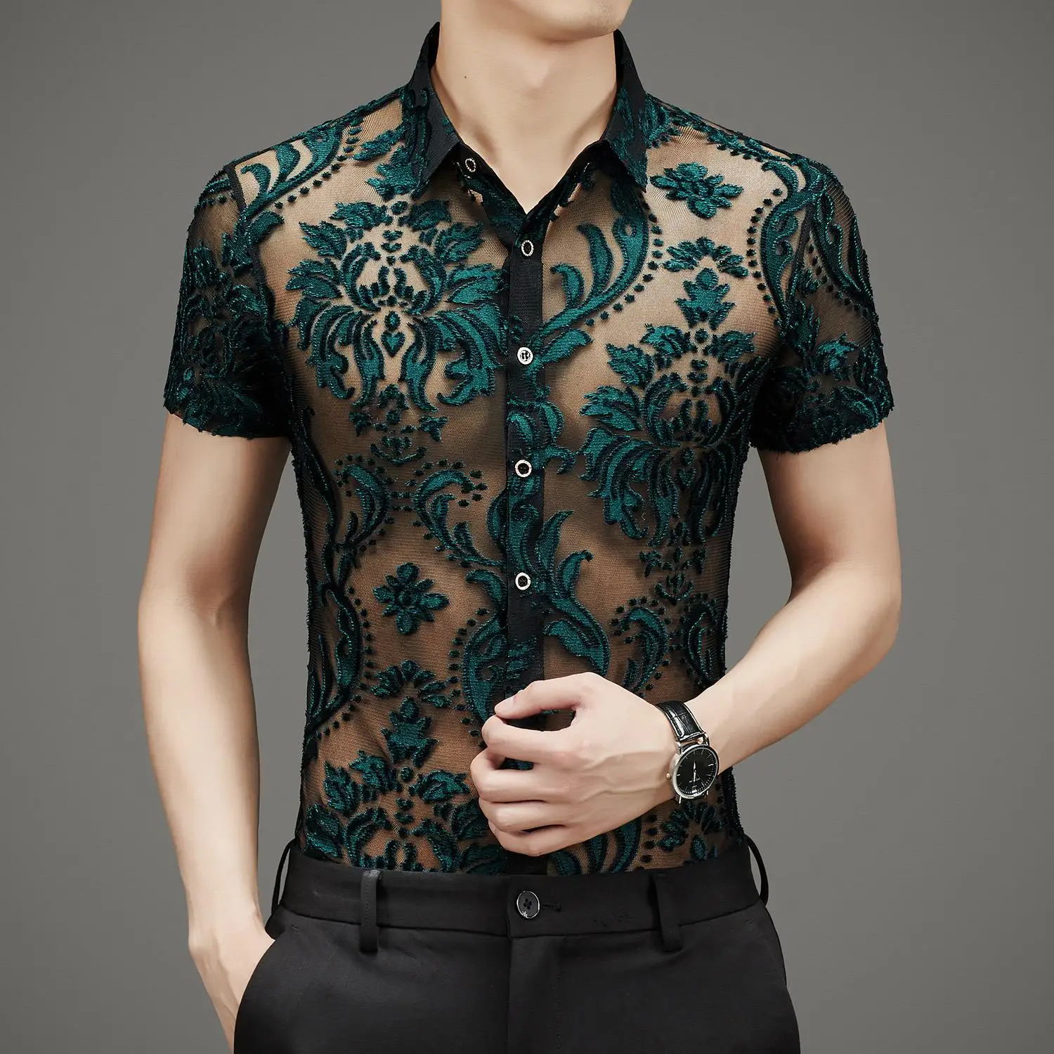 See Through Shirt For Mens Sexy Short Sleeve Flower Fishnet Lace Tops Green Black Blue