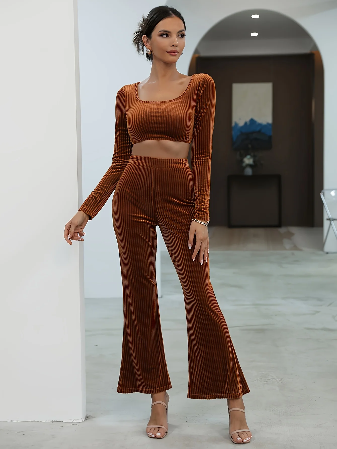

European and American spring & fall sexy pure color versatile tight wide leg long-sleeved suit
