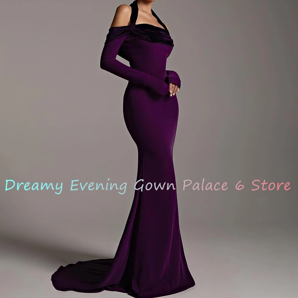 Customized Sexy Jersey Straight Evening Dress Temperament Floor Length Long Sleeves Halter vestidos de fiesta Custom Size