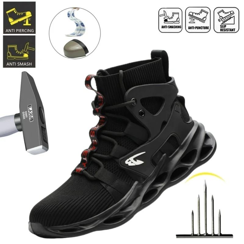 Men's Breathable Lightweight Comfortable Safety Shoes Steel Toe Anti-Smash Anti-Puncture Protective Work Boots For Daily Working