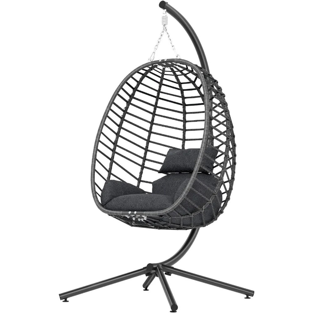 

Grey Indoor Outdoor Hanging Egg Chair with Stand Patio Wicker Hammock Swing Chair with Cushion for Bedroom Garden