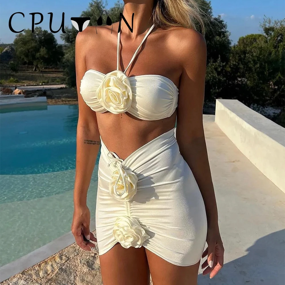 CPUTAN 3D Flower 3 Pieces 2024 Sexy Push Up Bikini Set Women Swimwear Skirt Swimsuit Brazilian Beachwear Girl Bathing Suit Dress