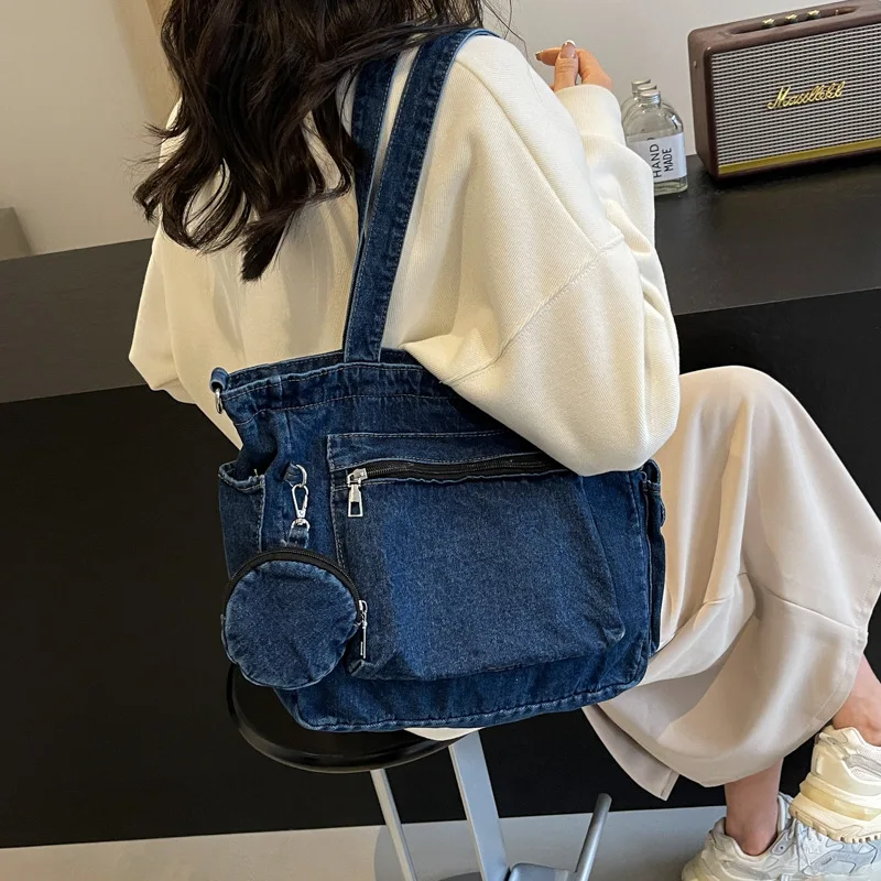 محفظة نسائية كاجوال من قماش الدنيم المتين بلون سادة، قلادة، يد، كتف، حقيبة كروس ذات سعة كبيرة #2