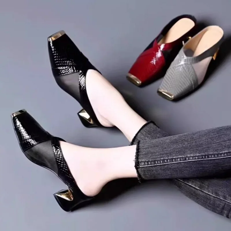 

Square-toed half-strap sandals for women2026Summer new style chunky heel soft sole mesh breathable sandals with medium heel